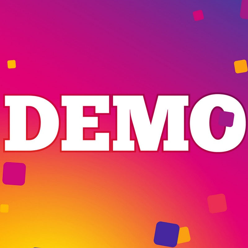 The image features the word DEMO in bold, white letters against a colorful gradient background of pink, purple, and yellow, with scattered small squares in various colors.